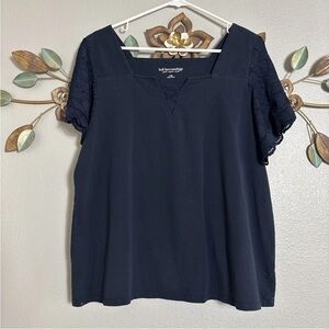 Soft Surroundings Womens Navy Blue Lace Sleeve Pullover Blouse Size Large
